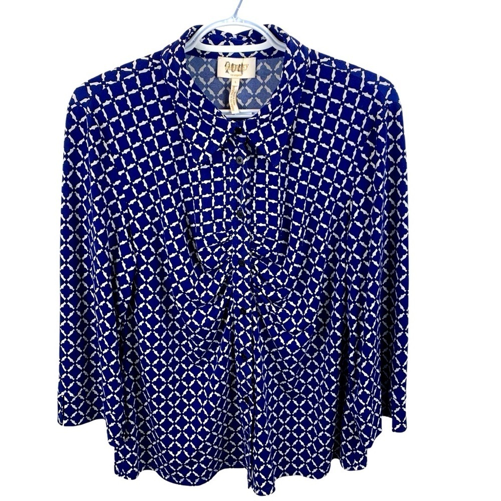 Laundry sz L Cobalt Blue White Graphic Geometric Pattern Blouse 3/4 Sleeve